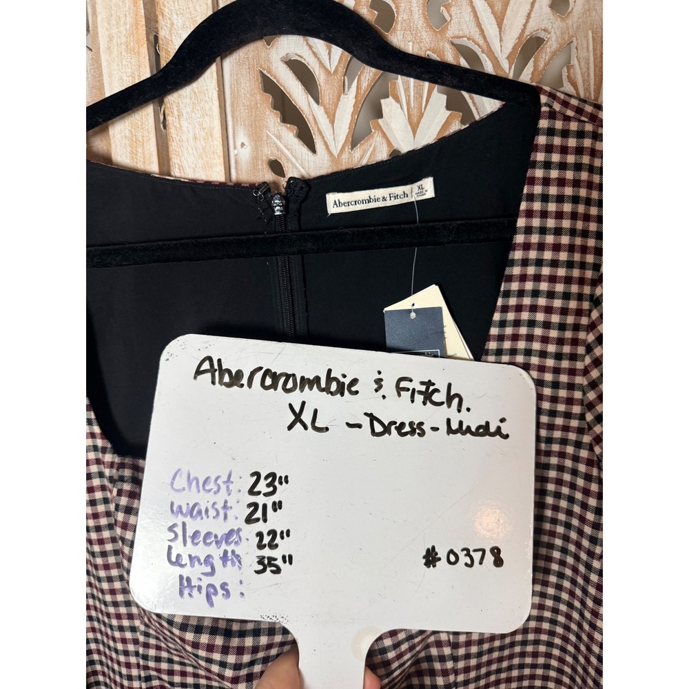 Abercrombie & Fitch XL Gingham Sweetheart Midi Dress Burgundy Black Long Sleeve - Picture 5 of 8